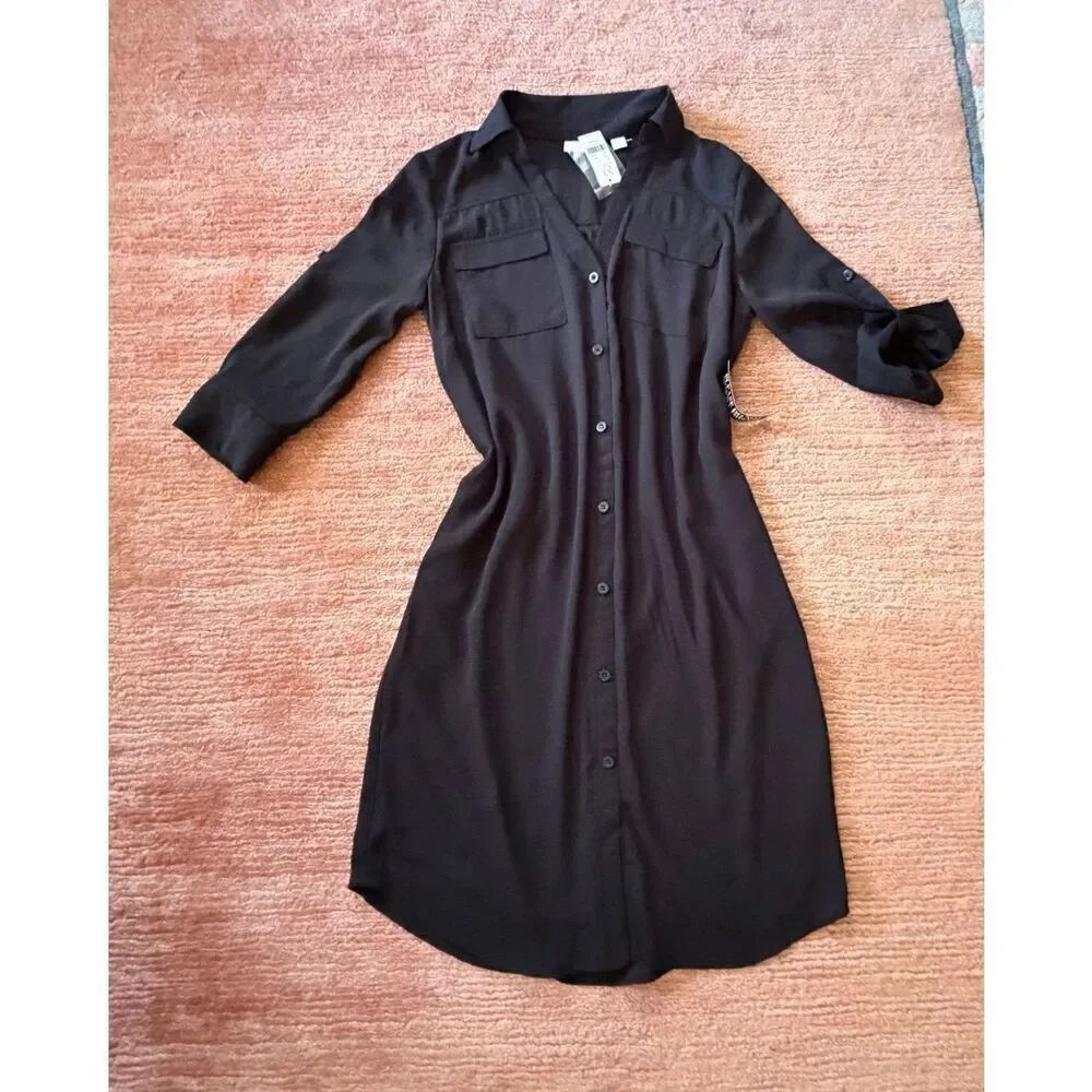 J.Crew Black Shirt Dress Size NWT 3/4 Roll Tab Sleeves Lined